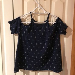 Navy blue open shoulder top with white anchors